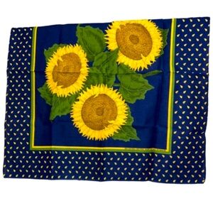 Vintage cotton blue yellow SUNFLOWERS PRINT whimsical handkerchief scarf 21” sq